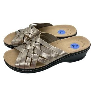 Clarks Lexi Selina Leather Pewter Metallic Comfort Slip On Sandals